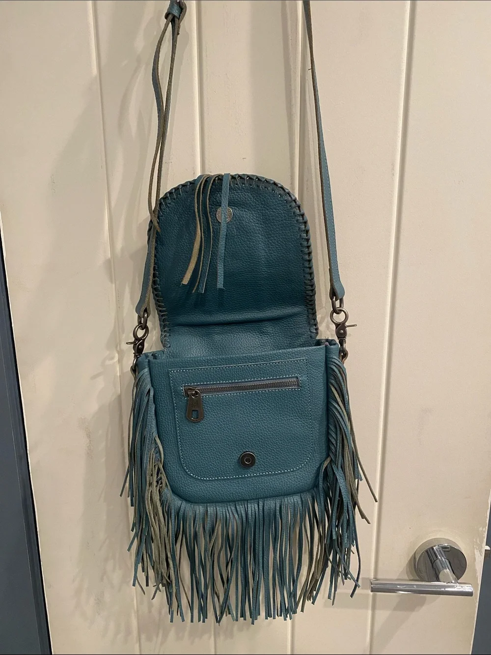Montana West Teal Fringe Crossbody Bag with Concho and Hair-On Accent